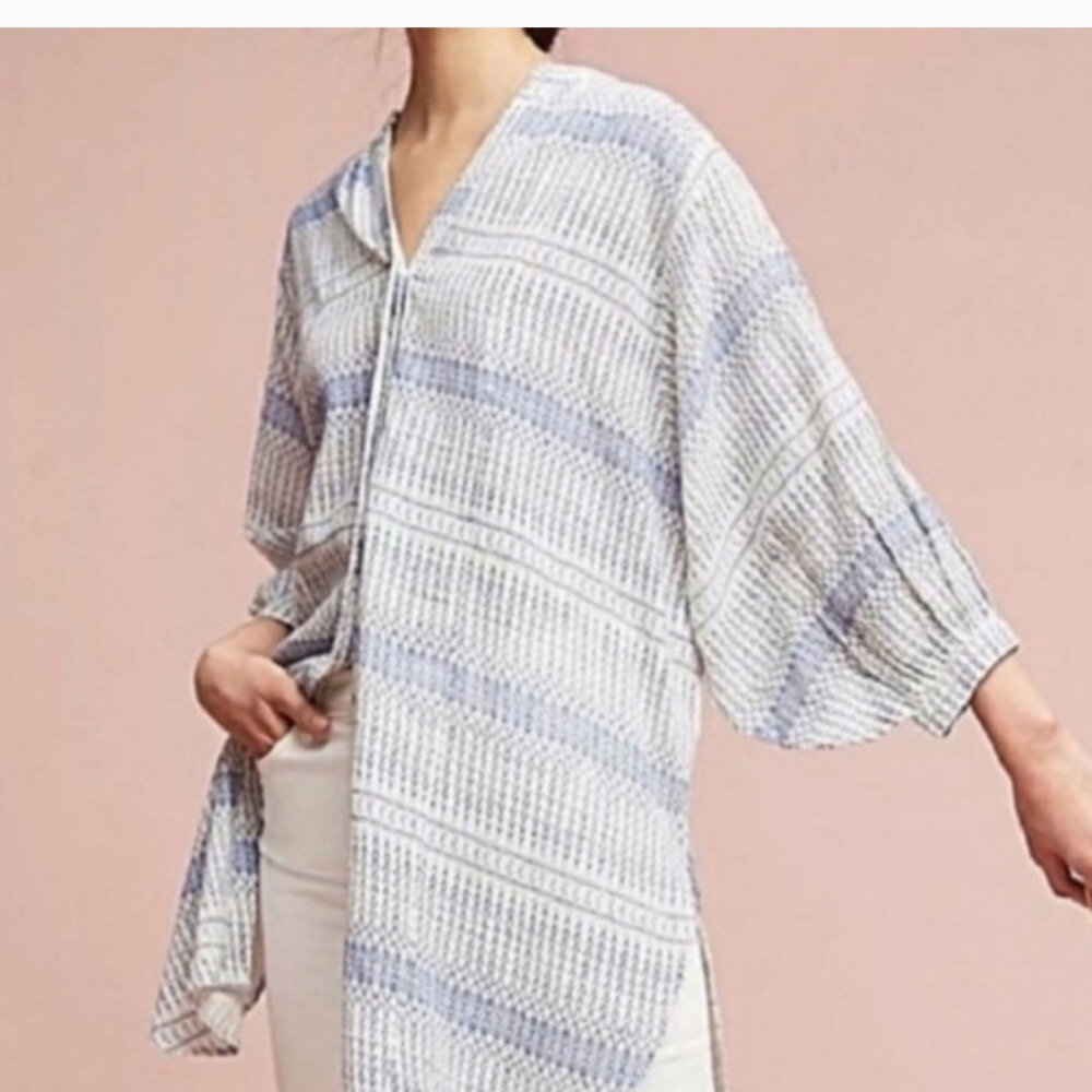 Mauve Blue and White Relaxed Tunic with Mandarin Collar